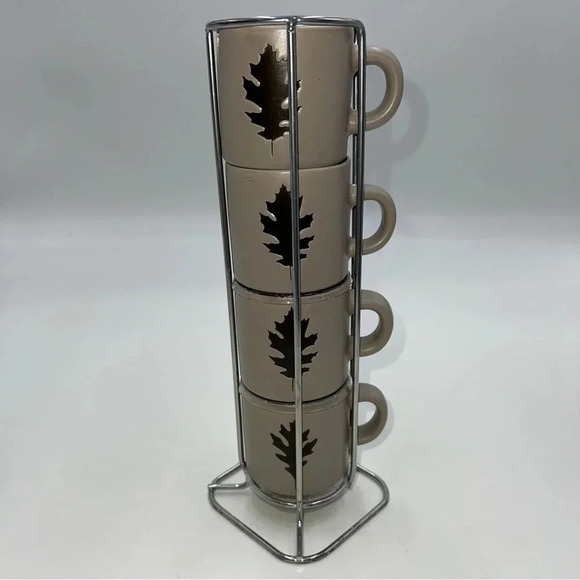 Set of 4 Stacking Espresso Coffee Mugs Fall Leaf Leaves 3 oz. Cappuccino Cups - Picture 3 of 8